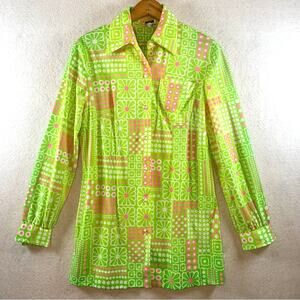 Vintage 70s Womens‎ Button Tunic Top Sz S Green Flower Power Twiggy Mod